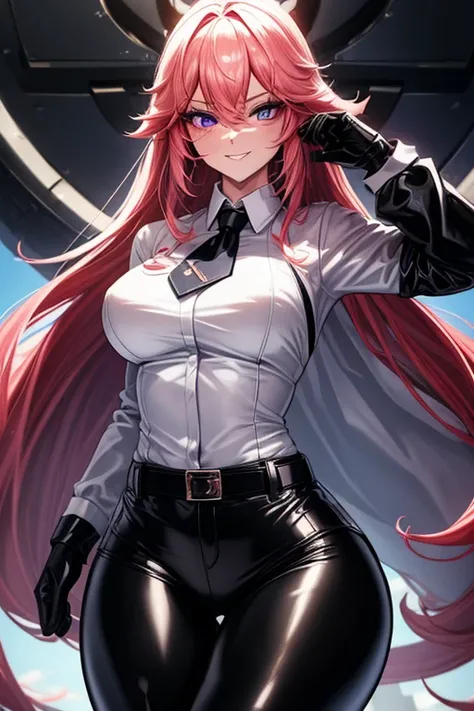 (Yaedef:1.4), 8k, highres, ultra detailed, (masterpiece:1.4), best quality, symmetrical body, (white collared shirt:1.4), (completely black leather leggins:1.4), cute, solo, long hair, pink hair, purple eyes, beautiful eyes, finely eye, wide smile, detaile...