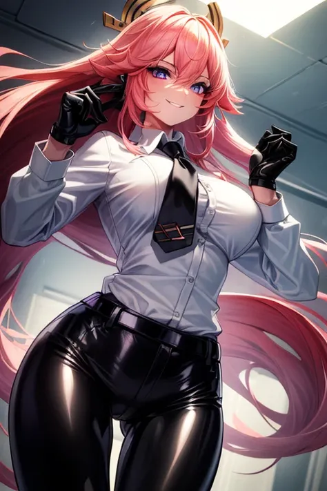 (Yaedef:1.4), 8k, highres, ultra detailed, (masterpiece:1.4), best quality, symmetrical body, (white collared shirt:1.4), (completely black leather leggins:1.4), cute, solo, long hair, pink hair, purple eyes, beautiful eyes, finely eye, wide smile, detaile...