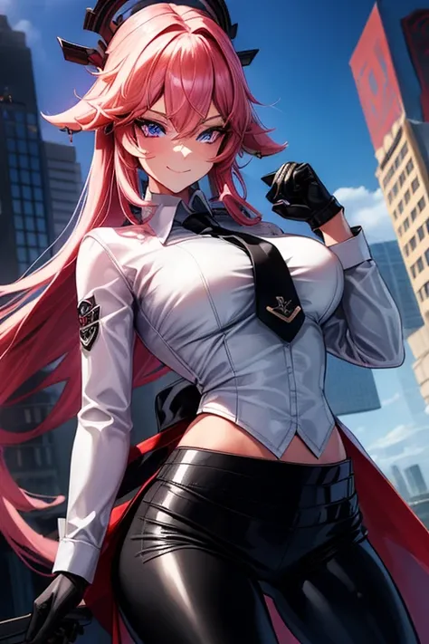 (Yaedef:1.4), 8k, highres, ultra detailed, (masterpiece:1.4), best quality, symmetrical body, (white collared shirt:1.4), (completely black leather leggins:1.4), cute, solo, long hair, pink hair, purple eyes, beautiful eyes, finely eye, wide smile, detaile...