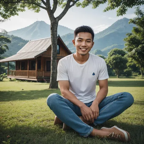 Indonesian guy,25 year old,white t shirt,blue jean pant,smile,sitting in grass,there are a wooden home,tree and mountain