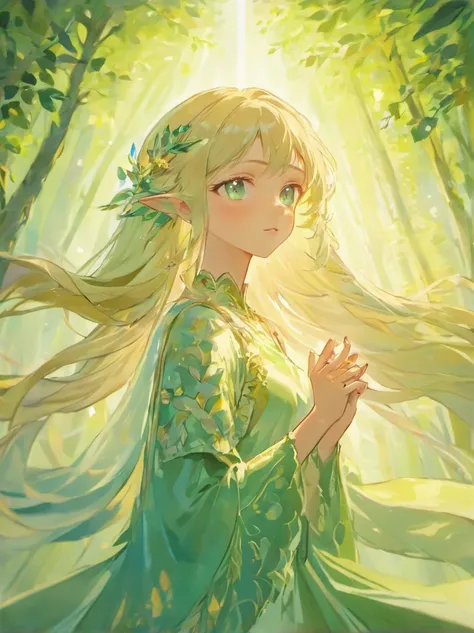 (a beautiful, elegant, graceful) elven girl, (long flowing, silver) hair, (green, mesmerizing) eyes, (fair, flawless) skin, (pointed, delicate) ears, (dressed in a flowing, ethereal gown), (surrounded by shimmering, magical) forest, (soft, golden) sunlight...