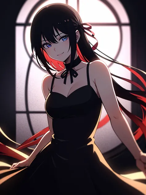 Tokisaki Kurumi, anime, detailed eyes, flowing hair, elegant dress, mysterious smile, red ribbon, clock motifs, time manipulation, dark background, vivid colors, studio lighting, photorealistic, anime-style, soft shadows, intense gaze, dynamic pose, supern...