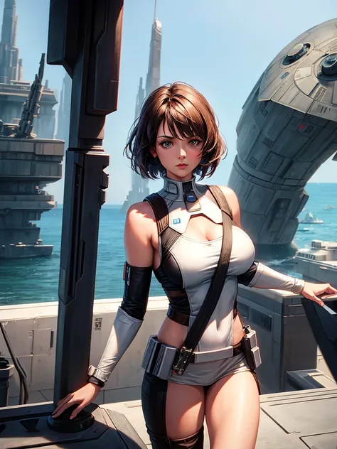 Star wars, sexy lady, jedi, Standing on a spaceship dock, big breasts, Short hair, shoulder length,