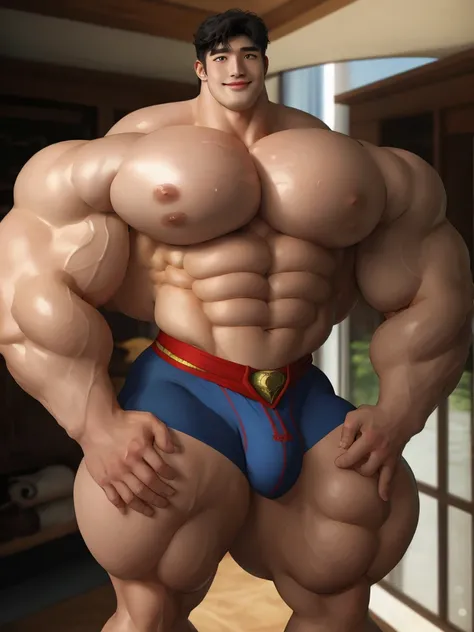 1boy asian male, (korean man with k-pop idol look), black hair, giant, model shoot style, looking at viewer, standing, strong body, standing, in the room, exotic skin, superman underpants, prominent muscle bulge, brutalmass, detailed face, heavy muscular, ...