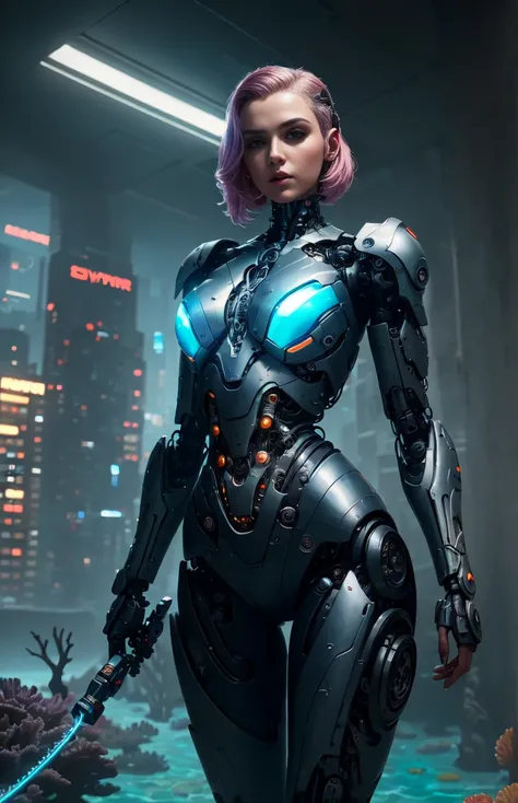 there is a woman in a futuristic suit standing in a coral reef, cyberpunk art by Arthur Pan, cgsociety contest winner, art nouveau, mermaid cyborg with a laser whip, cyborg - girl, cyborg girl, beutiful girl cyborg, movie still of a cool cyborg, cybersuits...