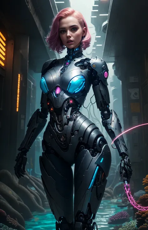 there is a woman in a futuristic suit standing in a coral reef, cyberpunk art by Arthur Pan, cgsociety contest winner, art nouveau, mermaid cyborg with a laser whip, cyborg - girl, cyborg girl, beutiful girl cyborg, movie still of a cool cyborg, cybersuits...