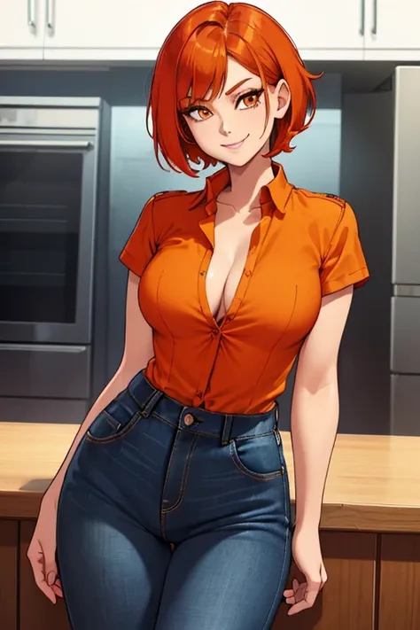 female, red short hair with yellow highlights, orange eyes, (((1girl))), (((black unbuttoned short sleeve shirt))), (orange long sleeve shirt), (blue denim jeans), (black flats), cute and sexy, large breasts, large butt, full body, long legs, smiling