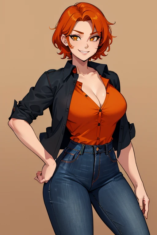 female, red short hair with yellow highlights, orange eyes, (((1girl))), (((black unbuttoned short sleeve shirt))), (orange long sleeve shirt), (blue denim jeans), (black flats), cute and sexy, large breasts, large butt, full body, long legs, smiling