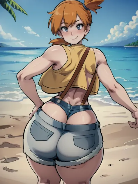 ((masterpiece,best quality)), absurdres,
Misty_Pokemon, yellow crop top, suspenders, side ponytail, orange hair, denim shorts, 
solo, smiling, blushing, looking at viewer, cowboy shot, from behind, 
cinematic composition, contrapposto, 
tropical beach,