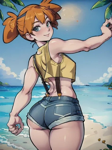 ((masterpiece,best quality)), absurdres,
Misty_Pokemon, yellow crop top, suspenders, side ponytail, orange hair, denim shorts, 
solo, smiling, blushing, looking at viewer, cowboy shot, from behind, 
cinematic composition, contrapposto, 
tropical beach,