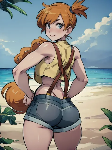 ((masterpiece,best quality)), absurdres,
Misty_Pokemon, yellow crop top, suspenders, side ponytail, orange hair, denim shorts, 
solo, smiling, blushing, looking at viewer, cowboy shot, from behind, 
cinematic composition, contrapposto, 
tropical beach,