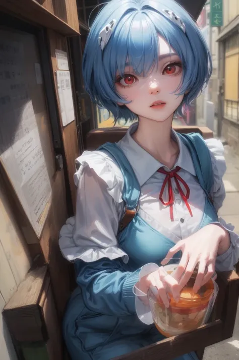 1 GIRL, reiayanami, rei ayanami, blue hair, short hair, (red eyes:1.5), ultra realistic, REALISTIC, Ultra detailed, More detailed, Japan city scenaries, Random scenaries japan, BREAK blue dress, dress, neck ribbon, pinafore dress, red ribbon, ribbon, , sho...