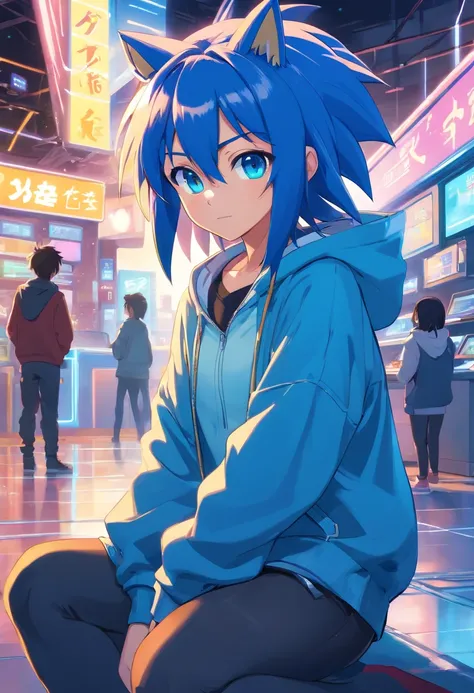 (Super Sonic the Hedgehog - cyberpunk), (blue), (Cute cartoon, CuteCartoonAF. | Masterpiece in maximum resolution 16K. | (cute cartoon style). | front view (loner, charming) , (meditating in a spacious Japanese pavilion), ( wear a fashionable hoodie), ((me...