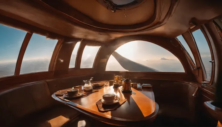 Looking out from the passenger seat of a large airship。The interior is like a cozy home、I can see the morning sun ahead、There is a coffee cup on the table、All objects have precise shapes、The object is not blurred、Perfect photo、Actual Photos、High resolution...