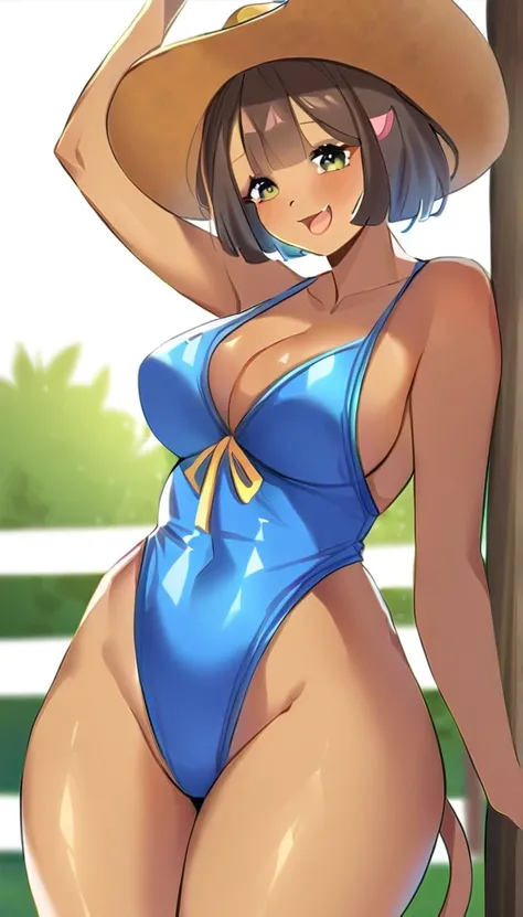 Cow girl brown fur in a blue one piece swimsuit