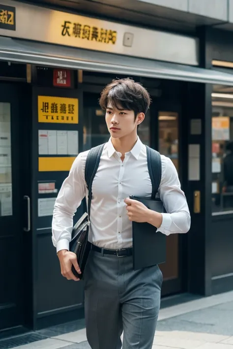 A boy walking down the street with a briefcase,masterpiece,highest quality,Attention to detail,1 male,good looking,Sturdy yet sophisticated look,subway