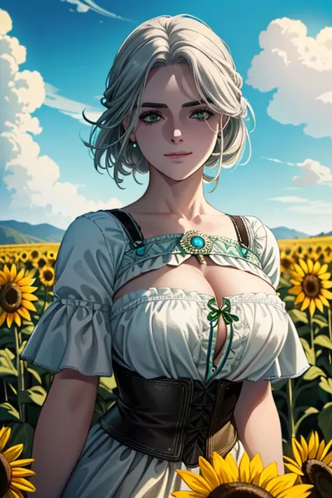 ((ultra detalhado, obra de arte, melhor qualidade))
 W3Ciri, 1 garota, Sozinho, cabelo branco, olhos verdes, cicatriz no rosto, surrounded by sunflowers in a bright field, sorridente, feliz