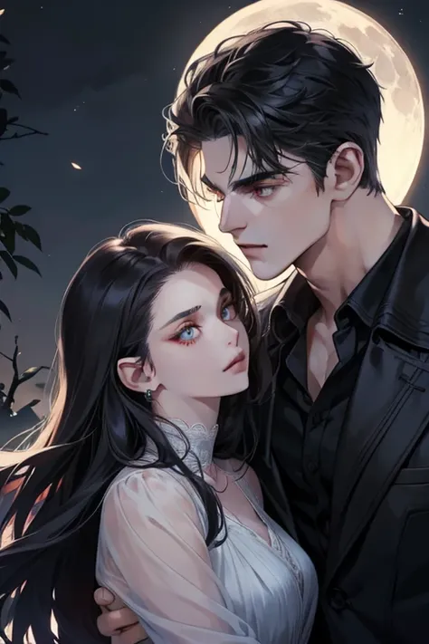 Teen Wolf, Male werewolf embracing a beautiful girl under the exquisite look of a moonlit night. His chiseled jawline and piercing eyes were illuminated by the soft light of the moon., The perfectly sculpted face casts interesting light and dark shadows.. ...