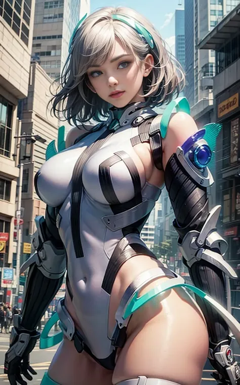 light smile, deva battle suit, outdoors, silver hair, bobhair, blue eyes, waistshot