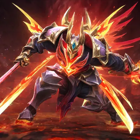 The image uses the highest resolution. magnum opus best pictures Full body shot, League of Legends character, detailed figure, 1 man, armor, katana sword, name, claws, fire wings, gold element, diamond ore, red fire eyes, warrior, knight, brave, crazy, bac...