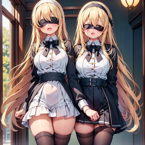 highest quality,wonderful,finely,extremely detailed CG Unity 8K wallpaper, (girl, very long hair, blonde, clothed), (white nun :1.2), (midium breasts), (open mouth:1.1), (long tongue:1.1), (mouth drool:1.1), (black stockings:1.1),(Thighs:1.2),(Waistline:1....