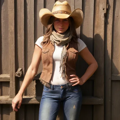 portrait of beautiful women on a dirty farm:1.2 , cowboy hat, fringed vest , jeans, scarf , confidence , medium breast, elastic ...