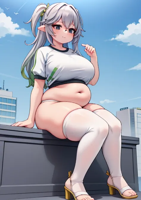 (masterpiece, best quality, highly detailed), 1girls, big belly, huge belly, art by kipteitei, round belly, chubby, curvy, belly grab, enormous belly, fat belly, thicc, bigger belly, really big belly, jiggly belly, glasses, gym clothes, thighhighs, smug fa...