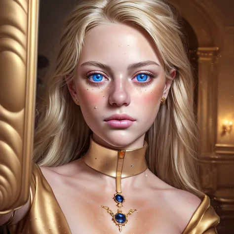 8K, Best quality, masterpiece, ultra high resolution, (realism: 1.4), original photo, (Realistic skin texture: 1.3), (granularity: 1.3), (Selfie angle), 1 girl, golden clothes, Sapphire eyes and beautiful facial details, masterpiece, Best quality, Close-up...