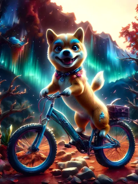 A Shiba Inu dog riding an enduro mountain bike.