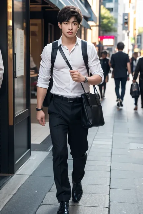 A boy walking down the street with a mobile bag,masterpiece,highest quality,Attention to detail,1 male,good looking,Sturdy yet sophisticated look,Omotesando