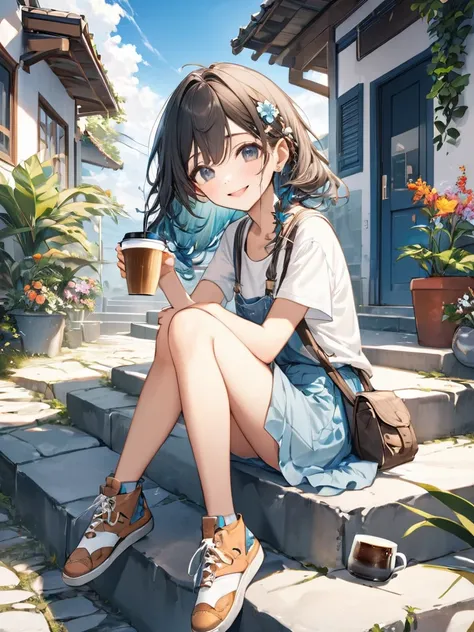 (best quarity,ultra detailed,ultra-high-resolution, 8k, masterpiece), very-cute-and-beautiful-anime-girl,highly-detailed-face-and-eyes,smile, sitting on stone stairs, drinking caffee, tribal_tatoos, gradation hair, wavy hair, hairpins, windy, wearing styli...