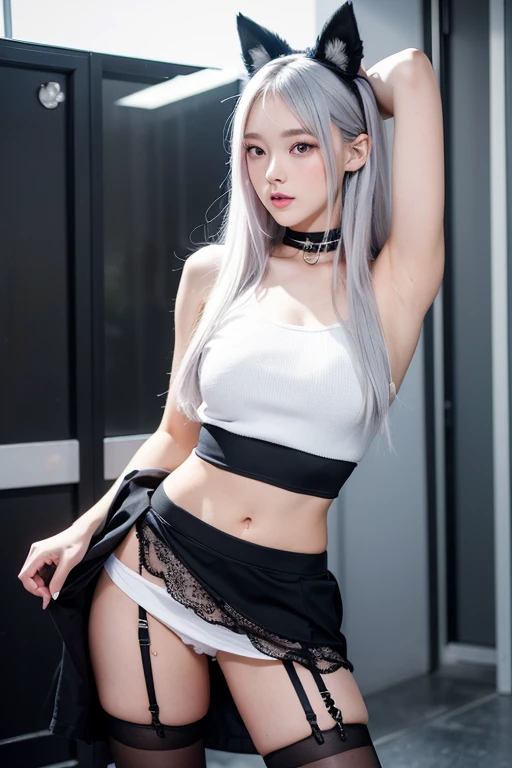 Anime girl with cat ears, Soft white fluff in the ears,, Her eyes are big and curious, facial close-up、She was excited and happy to see me, Beautiful eyes, White hair, Pink eyes, good art, Good drawings, 2D Anime, 2D, Cute, 2 hands and 5 fingers on each ha...