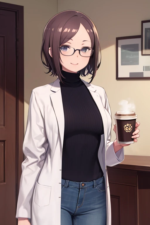 masterpiece、highest quality、High resolution、Very detailed、Mature Woman、Medium wide shot、Cowboy Shot、Short Hair、Shaggy Hair、Glasses、Turtleneck sweater、jeans、Clothes that fit the body、White、smile、indoor、lab coat、holding a coffee cup、