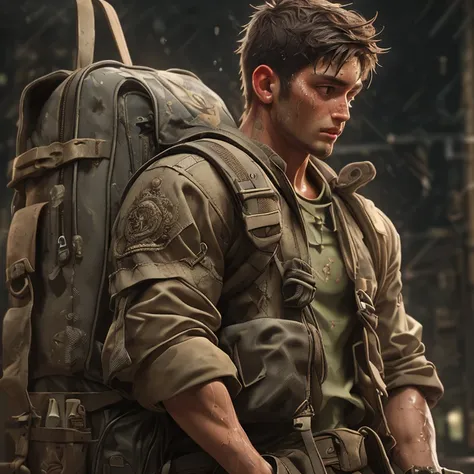 Fit man, backpack, epic realistic, photo, faded, complex stuff around, intricate background, soaking wet, ((((hdr)))), vibrant colors, intricate scene, artstation, intricate details, vignette