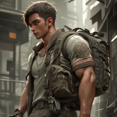 Fit man, backpack, epic realistic, photo, faded, complex stuff around, intricate background, soaking wet, ((((hdr)))), vibrant colors, intricate scene, artstation, intricate details, vignette