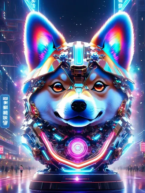 (3d，mechanical feel，cute shiba inu:1.3), colorful neon lights, high-tech mechanical parts, metal body, detailed vibranium flower...