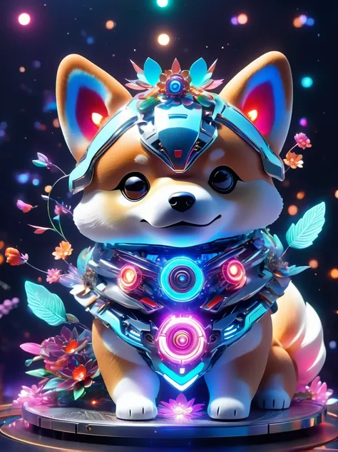 (3d，mechanical feel，cute shiba inu:1.3), colorful neon lights, high-tech mechanical parts, metal body, detailed vibranium flower...