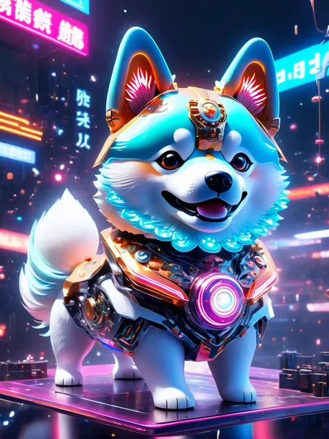  (3D，Mechanical feel，Cute Shiba Inu:1.3), Colorful neon lights, High-tech mechanical parts, Metal body, Detailed vibranium flower design, Vibrant colors, Dynamic glowing flowers, Reflective metal surface, Bright environment, Dynamic poses, Exquisite existe...