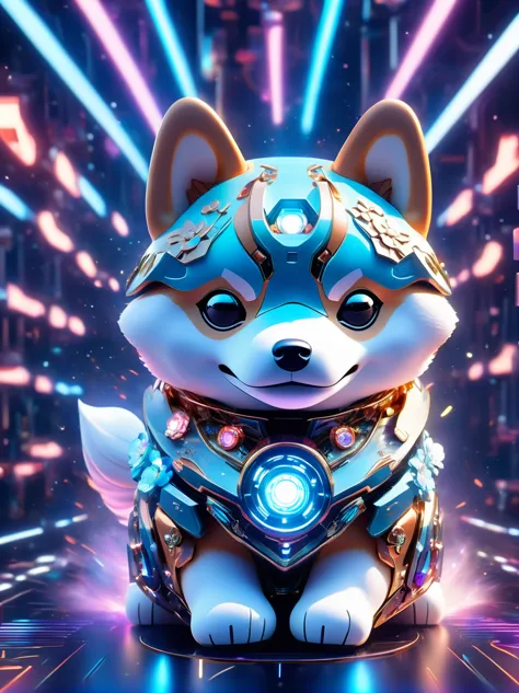 (3d，mechanical feel，cute shiba inu:1.3), colorful neon lights, high-tech mechanical parts, metal body, detailed vibranium flower...