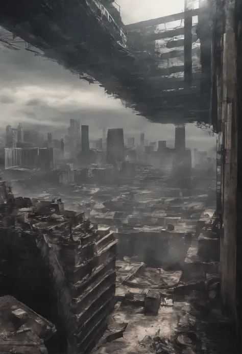 image of the view from inside the balcony of a tall circular tower in the center of a post-apocalyptic North American megalopolis, visao de toda cidade, a cidade tem tons de cinza, has smoky structures, carros abandonados nas ruas, desert megalopolis, tall...