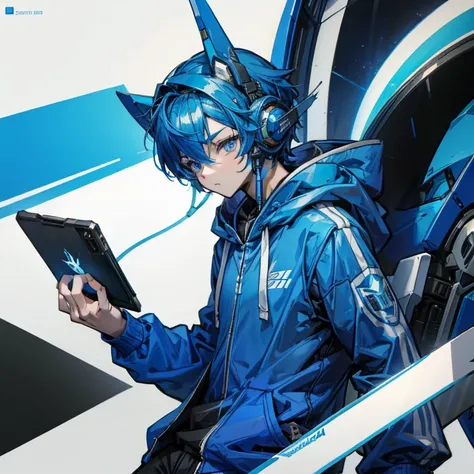 Young male wearing a blue hoodie,Holding the phone to play games,Wear blue headphones