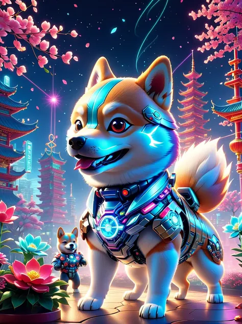  (3D，Mechanical feel，Cute Shiba Inu:1.3), Colorful neon lights, High-tech mechanical parts, Metal body, Detailed vibranium flower design, Vibrant colors, Dynamic glowing flowers, Reflective metal surface, Bright environment, Dynamic poses, Exquisite existe...