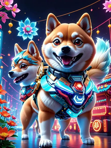  (3D，Mechanical feel，Cute Shiba Inu:1.3), Colorful neon lights, High-tech mechanical parts, Metal body, Detailed vibranium flower design, Vibrant colors, Dynamic glowing flowers, Reflective metal surface, Bright environment, Dynamic poses, Exquisite existe...