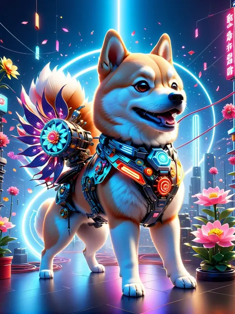  (3D，Mechanical feel，Cute Shiba Inu:1.3), Colorful neon lights, High-tech mechanical parts, Metal body, Detailed vibranium flower design, Vibrant colors, Dynamic glowing flowers, Reflective metal surface, Bright environment, Dynamic poses, Exquisite existe...