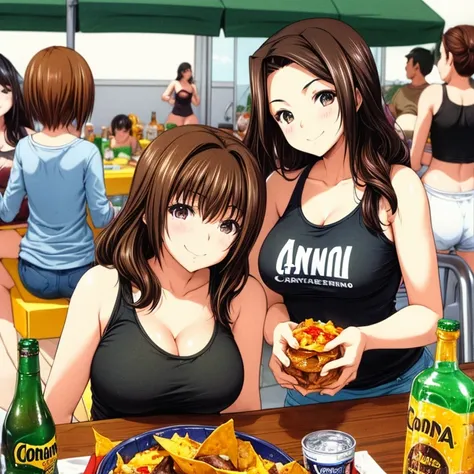 Mexican woman eating nachos at a Mexican food stall　Tight hot pants　Tank top　Giant Nachos 1.5　A bottle of Corona beer and a bottle of tequila on the table　highest quality