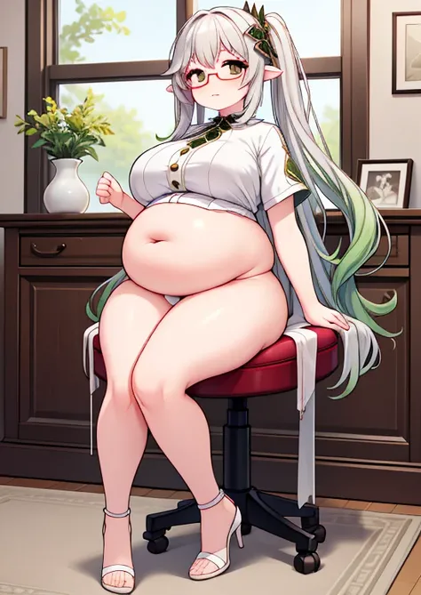 (masterpiece, best quality, highly detailed), 1girls, big belly, huge belly, art by kipteitei, round belly, chubby, curvy, belly grab, enormous belly, fat belly, thicc, bigger belly, really big belly, jiggly belly, glasses, sitting, high heels, ((full body...