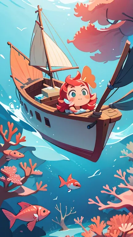 Create an illustration showing Aulia sailing her boat across the tranquil sea, surrounded by beautiful coral reefs and vibrant, colorful fish. Aulias boat glides gracefully through the clear blue waters, with the sunlight glistening on the surface.