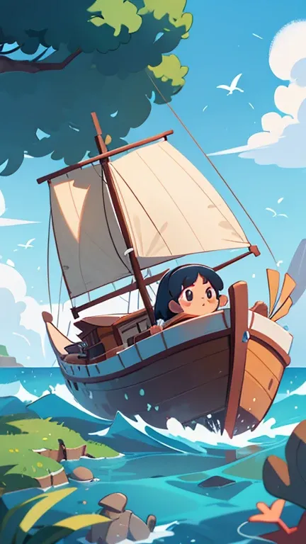 Create an illustration depicting Aulias small boat approaching a distant, small island as the winds calm down. With a determined expression, Aulia rows her boat towards the island. On the island, Aulia discovers true happiness in the form of friendship wit...