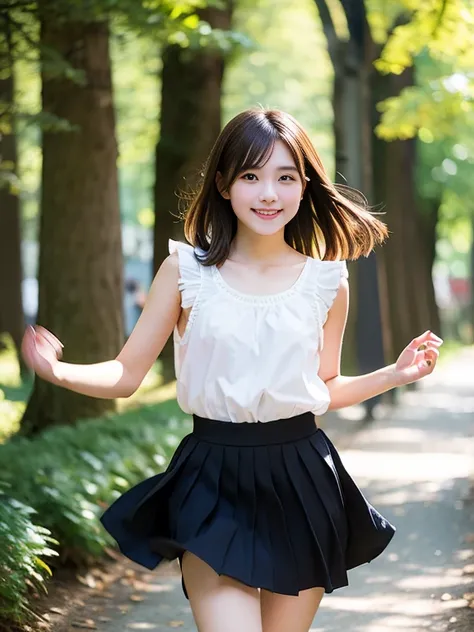 Realistic photo quality、20 year old Japanese model、Idol、Blur the background a lot、 One beautiful woman、Cute Smile、Frilled dresini skirt、Hands, feet and beautiful face of a person、The whole body of the person、forest path、looking at the camera、Sprinting towa...