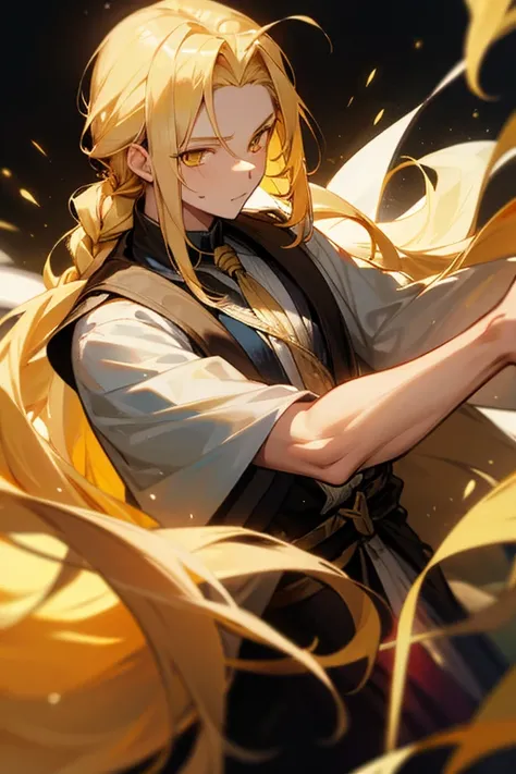 1boy, blonde, long hair, hair tied in a braid, golden eyes